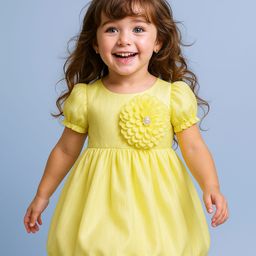 Babyhug Woven Half Puffed Sleeves Party Dress with Floral Applique - Yellow-image-24