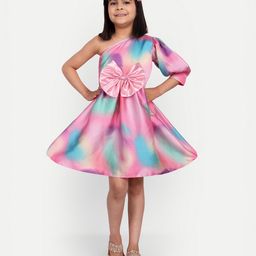 Tilism Satin One Shoulder Bow Applique Tie Dye Dress - Multi Colour-image-30