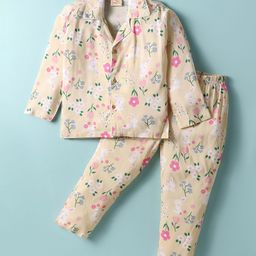 Rikidoos Cotton Woven Full Sleeves Floral Printed Coordinating Night Suit Set - Lemon-image-36
