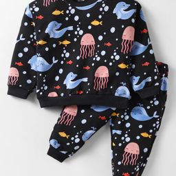CUCUMBER Sinker Knit Full Sleeves Co-Ord Night Suit With Sea Animals Print - Black-image-88