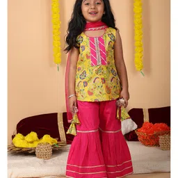 Kinder Kids Cotton Woven Sleeveless Floral Printed & Gota Lace Embellished Kurti Sharara With Dupatta Set - Yellow-picture-24