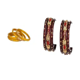SOMIL Set of 10 Yellow Alloy Artificial Stones & Beads Bangles-image-12