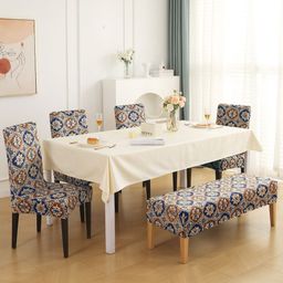 HOKIPO Set Of 5 Navy Blue & Brown Printed Velvet Chair Covers & Bench Cover-picture-9