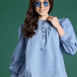 DressBerry Mandarin Collar Chambray Top-image-5