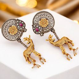 LUCKY JEWELLERY Gold-Plated Artificial Stone Studded Contemporary Oxidised Drop Earrings-43