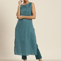 Sangria Women Teal Blue & White Ethnic Motifs Printed Pure Cotton Kurta with Trousers-51