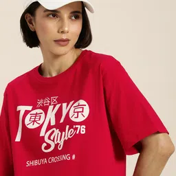 DILLINGER Women Red & White Typography Printed Pure Cotton Oversized T-shirt-image-39