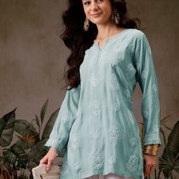 ADA Ethnic Motifs Embroidered Chikankari Chanderi Silk Chikankari Kurti-image-75