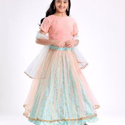Pine Kids Half Sleeves Choli & Lehenga Set With Dupatta Floral Embrodery & Foil Print- Peach-picture-14