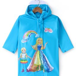 Babyhug Full Sleeve Calf Length Hooded Raincoat Barbie Print - Blue-image-92