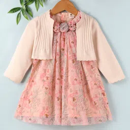 ToffyHouse Cotton Floral Printed Frock with Full Sleeves Cardigan - Salmon Floral-picture-29