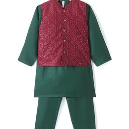 Babyhug Woven Full Sleeves Solid Colour Kurta & Pyjama Set with Embroidered  Jacket - Green-image-77