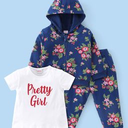 Babyhug 100% Cotton Knit Full Sleeves Hooded Jacket with T-Shirt & Lounge Pant Floral Print - Navy Blue & White-image-62