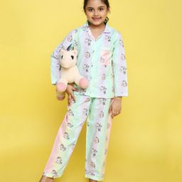 Knitting Doodles Pure Cotton Poplin Full Sleeves Tie Dye Unicorn Printed Coordinating Night Suit - Multi Colour-image-57