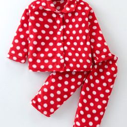 Kanvin Supersoft Extra Warm Velour Full Sleeves Winter Night Suit With Polka Dots Print - Red-image-90