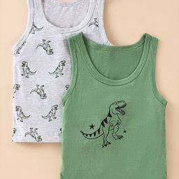 Bodycare Cotton Knit Sleeveless Vests With Dino Print Pack of 2 - Green & Grey-image-55