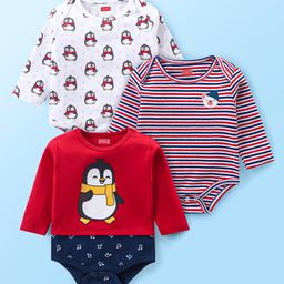 Babyhug 100% Cotton Interlock Knit Full Sleeves Onesies With Stripes & Penguin Print Pack of 3 -Multicolour-image-4
