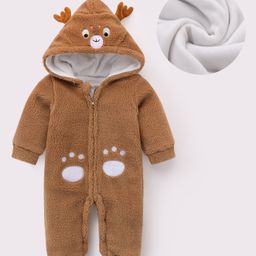 Kookie Kids Full Sleeves Winter Wear Hooded Romper with Paw Patch & Reindeer Design - Brown-image-21