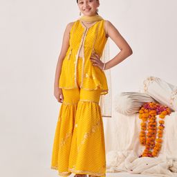 Pspeaches Georgette Sleeveless Leheriya Printed & Sequin Embellished Kurta With Sharara & Dupatta - Yellow-image-52