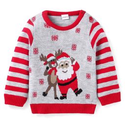 Babyhug Knitted Full Sleeves Pullover Sweater with Stripes & Christmas Theme Design - Grey & Red-image-91