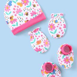 Babyhug 100% Cotton Knit Cap Mittens & Booties with Floral Print - Pink-image-30