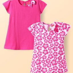 Babyhug Single Jersey Knit Half Sleeves Solid & Floral Printed A Line Frocks with Bow Applique Pack of 2 - Dark Pink & White-image-38