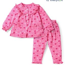 Babyoye 100% Cotton Knit Full Sleeves Night Suit With Heart Print - Dark Pink-image-96