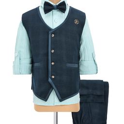 Rikidoos Full Sleeves Solid Shirt With Waistcoat Pant & Bow Set - Green & Sea Green-image-19