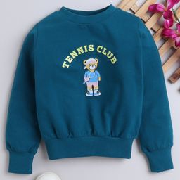 Aww Hunnie Cotton Terry Full Sleeves Bear Printed Sweatshirt - Teal Blue-image-90