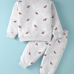 Little Kangaroos Fleece Knit Full Sleeves Deer Patch Winter Wear Sweatshirt & Joggers Set - White-image-24