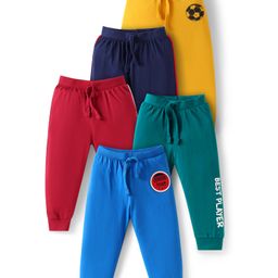 Babyhug Cotton Knit Full Length Lunge Pants with Sports Theme Print & Tape Detailing Pack of 5 - Multicolor-image-90