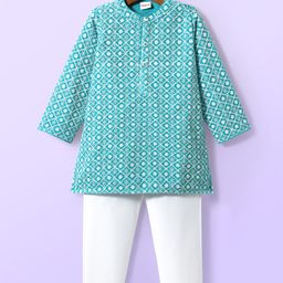 Babyhug Woven Full Sleeves Kurta & Pajama Set With Floral Embroidery - Light Blue & White-image-0