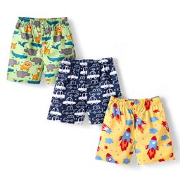 Babyhug Poplin Woven Above Knee Length Boxers With Vehicle & Animal Print Pack Of 3 - Green Yellow & Navy Blue-image-70