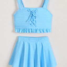 Mark & Mia Sleeveless Two Piece Swimsuit with Strips Print & Lace Detailing - Light Blue-image-40