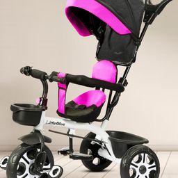 Little Olive Tricycle With Canopy & Front Back Storage Basket - Black & Pink-15