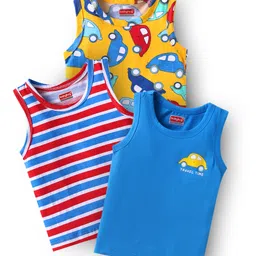 Babyhug Single Jersey Knit Sleeveless Antibacterial Sandos With Striped & Vehicle Print Pack Of 3 - Yellow Blue & Red-picture-32