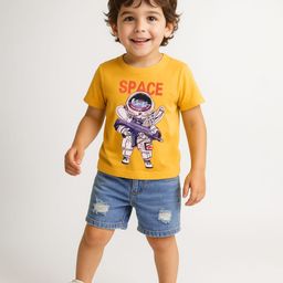 Mark & Mia Knit Half Sleeves T-Shirt & Denim Shorts Set with Space Theme Print - Yellow-image-7