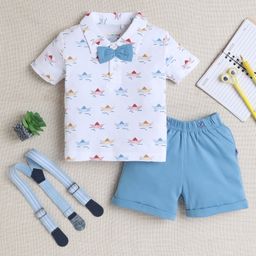 BUMZEE Cotton Half Sleeves Attached Bow Detailed Ship Printed Polo Tee With Shorts & Suspender Set - White & Blue-image-93