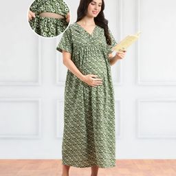 Bella Mama Cotton Woven Half SleevesFloral Printed Maternity NursingNighty - Green-image-43