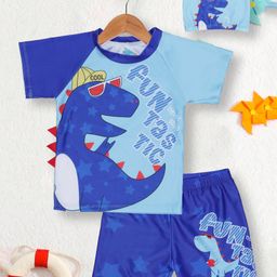 PASSION PETALS Lycra Half Raglan Sleeves Dinosaur Printed & Applique Detailed Coordinating Tee & Shorts With Cap Set - Blue & Light Blue-image-21