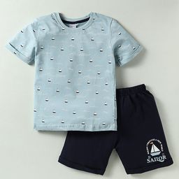 Taeko Single Jersey Knit Half Sleeves T-Shirt & Shorts Set with Boat Print - Light Blue-image-20