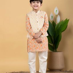 READIPRINT Cotton Full Sleeves Floral Printed Kurta Pyjama With Nehru Jacket Set - Peach-image-85