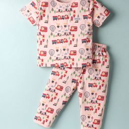 ToffyHouse Knitted Half Sleeves Co-ords Night Suit with Bear Print - Light Peach-picture-16
