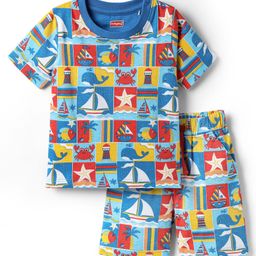 Babyhug Cotton Knit Half Sleeves Co-ords Shorts Night Suit with Nautical Theme Print - Blue-image-72