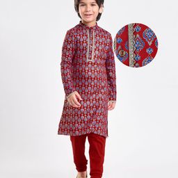 EARTHY TOUCH Single Jersey Knit Full Sleeves Kurta Pyjama Set With Foil Print - Red-image-44
