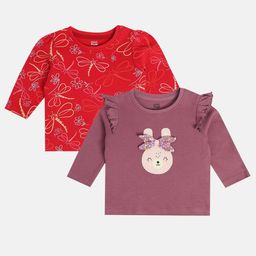 MINI KLUB Cotton Pack Of 2 Full Sleeves Butterfly & Bunny Printed Tops - Red & Violet-image-22
