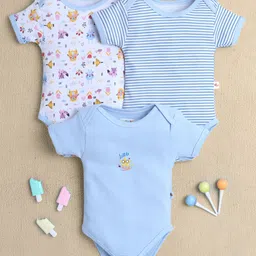 BUMZEE Cotton Knit Half Sleeves Striped & Animal Printed Onesies Pack of 3 - Light Blue & White-picture-31