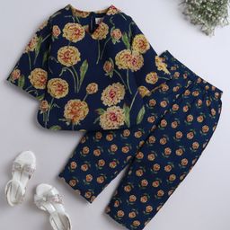 The Magic Wand Cotton Woven Three Fourth Sleeves Floral Printed Coordinating Night Suit Set - Navy Blue-image-38