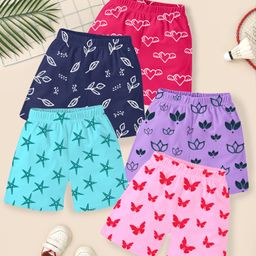 KUCHIPOO Cotton Pack Of 5 Floral & Butterfly Printed Shorts - Blue Pink Lilac Magenta & Navy Blue-image-27