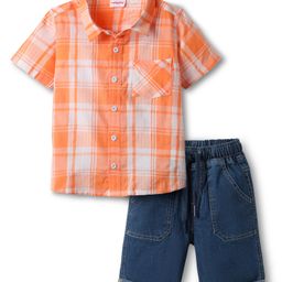 Babyhug Cotton Woven Half Sleeves Checks Shirt & Denim Shorts Set - Orange & Navy Blue-image-95